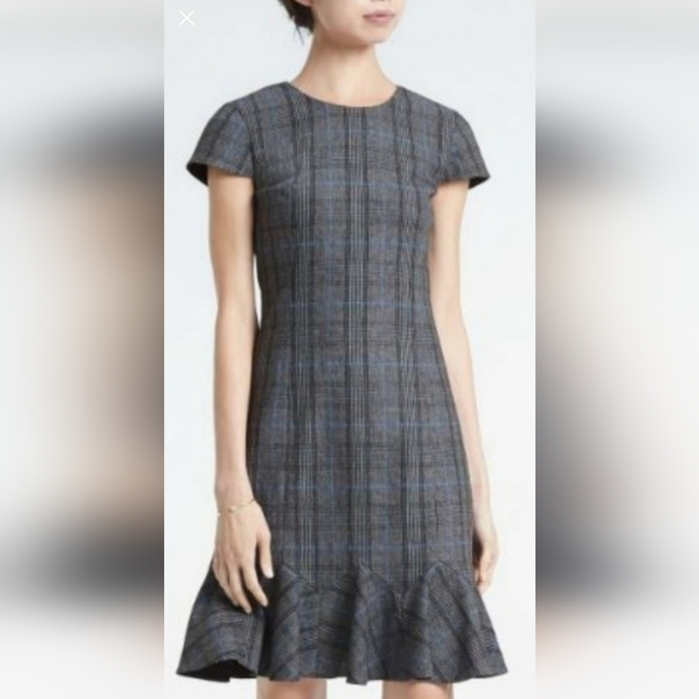 NWT Banana Republic Gray & Blue Plaid Flounce Hem Sheath Dress Sz. 4